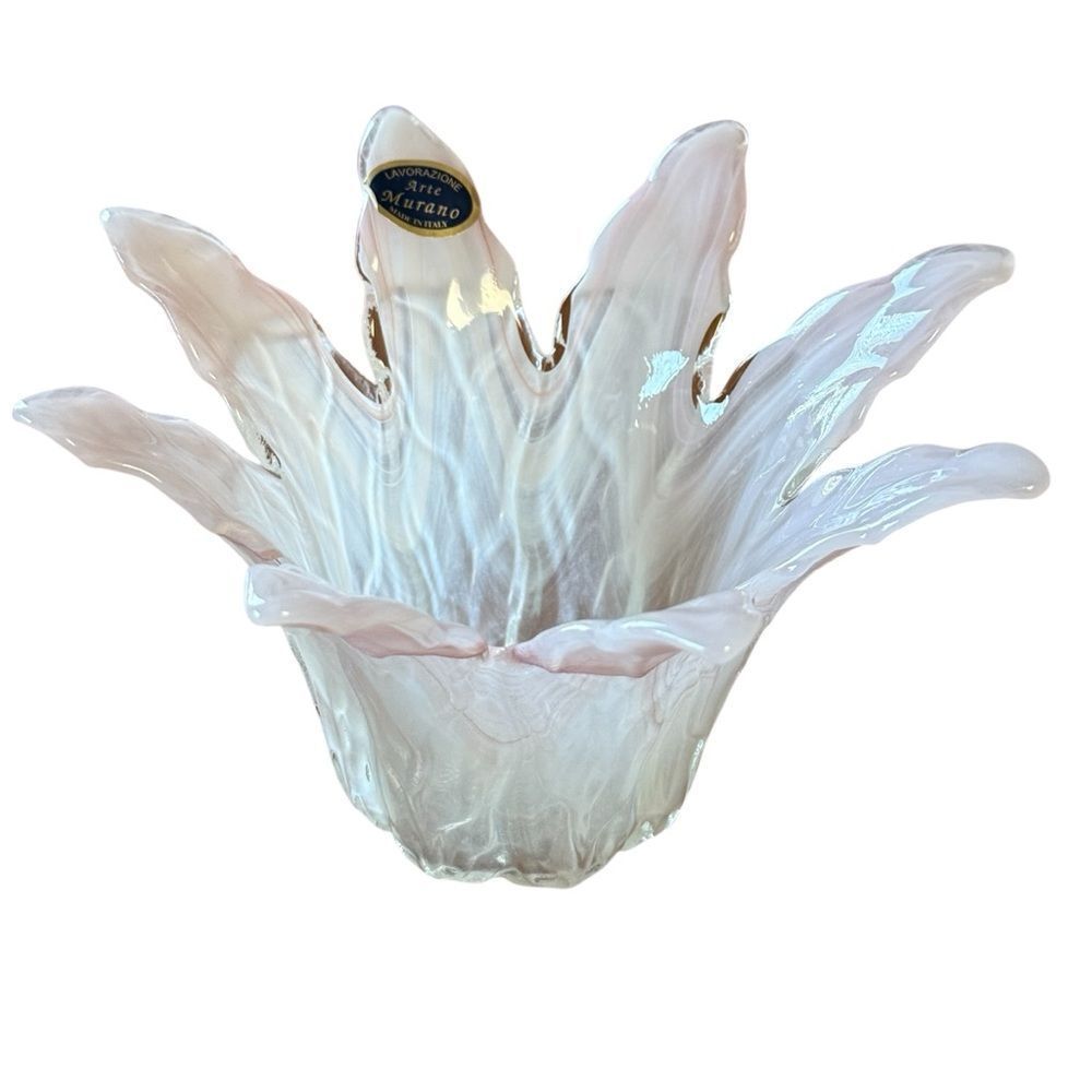 Vintage Murano Petal Glass Opalescent Handcrafted in Italy Pink White Vase Bowl